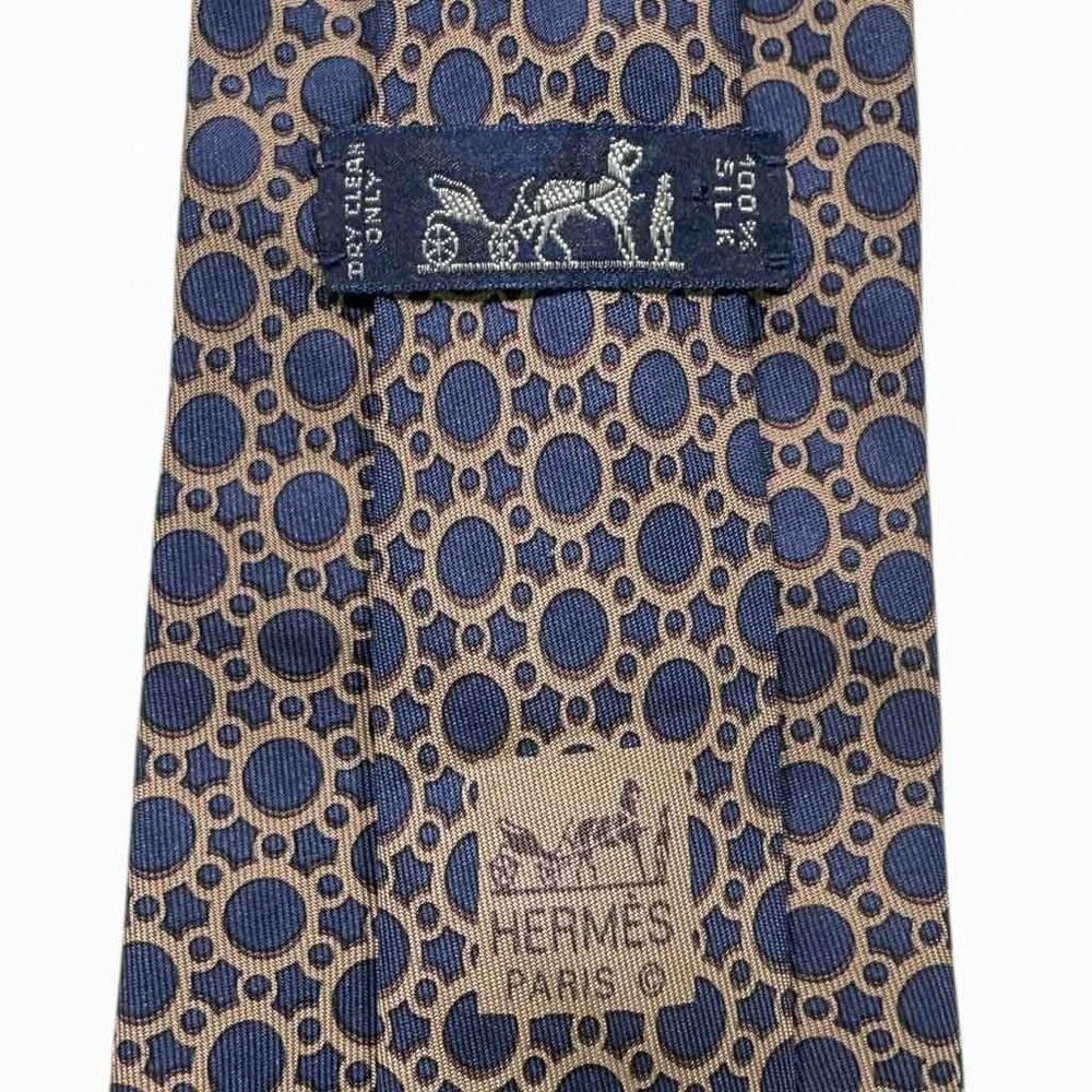 Hermes Paris Tie 7774 FA Blue Beige Circle Geometric Print 100% Silk France - Picture 2 of 6